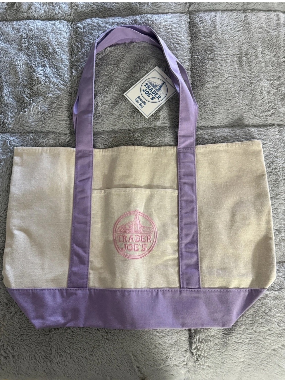 Large Trader Joe's Cream and Lavender Canvas Tote